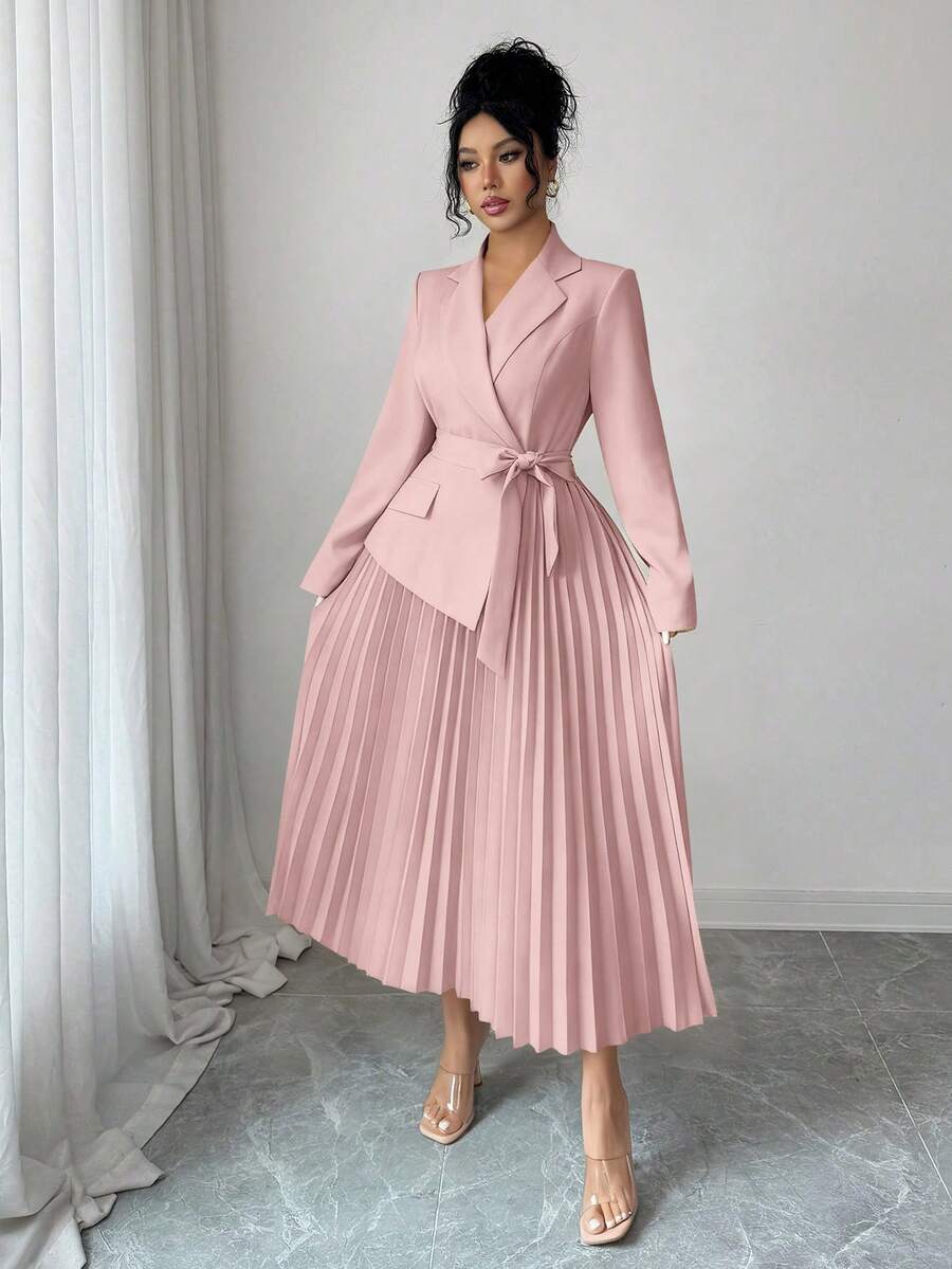 SHEIN Rafferiza فستان وردي متوسط الطول بياقة بليزر وخصر مربوط