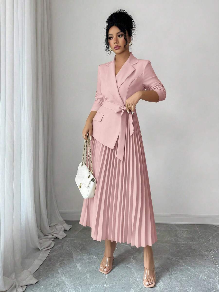 SHEIN Rafferiza فستان وردي متوسط الطول بياقة بليزر وخصر مربوط