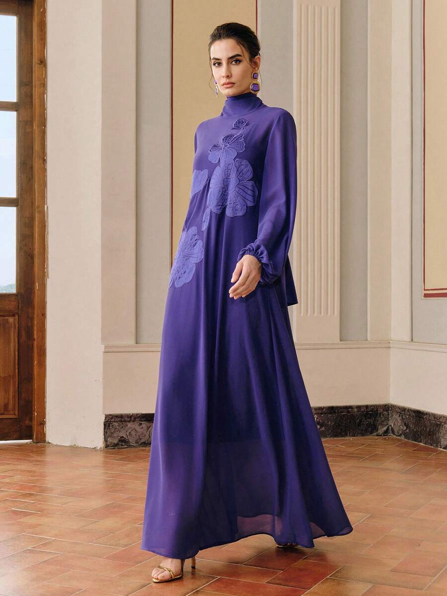 SHEIN Anewsta فستان بأكمام طويلة وياقة عالية بزخارف زهرية