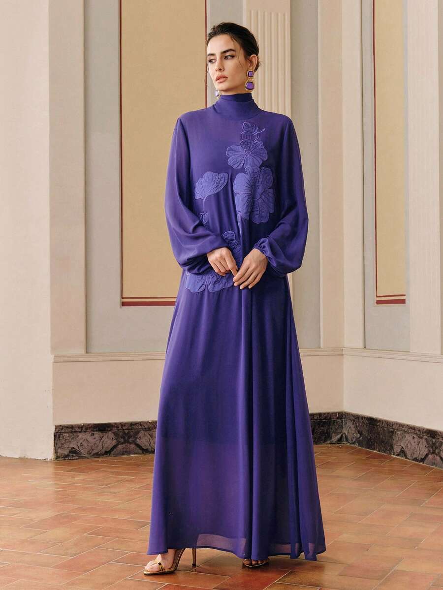 SHEIN Anewsta فستان بأكمام طويلة وياقة عالية بزخارف زهرية