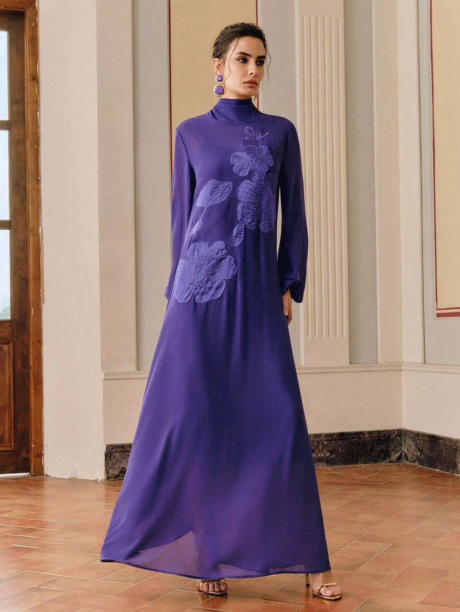 SHEIN Anewsta فستان بأكمام طويلة وياقة عالية بزخارف زهرية