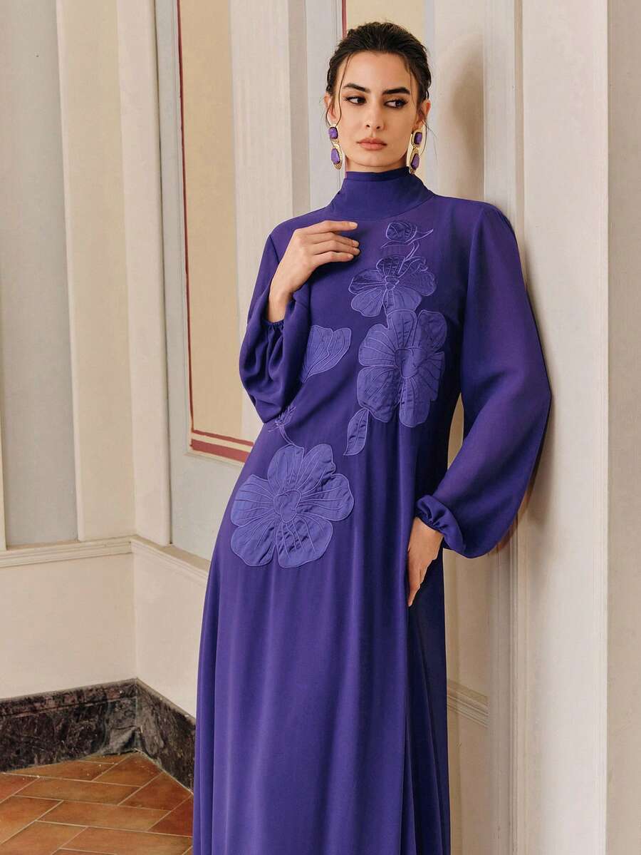 SHEIN Anewsta فستان بأكمام طويلة وياقة عالية بزخارف زهرية