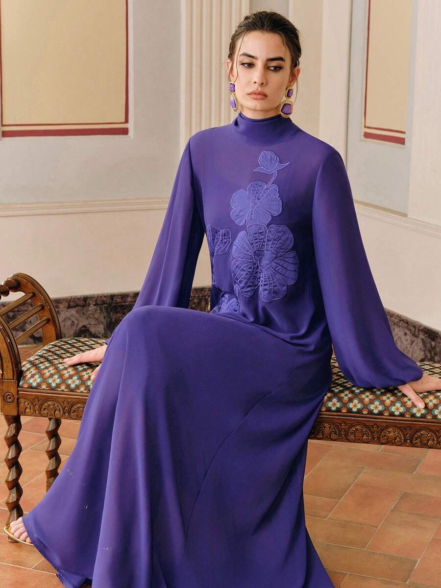 SHEIN Anewsta فستان بأكمام طويلة وياقة عالية بزخارف زهرية