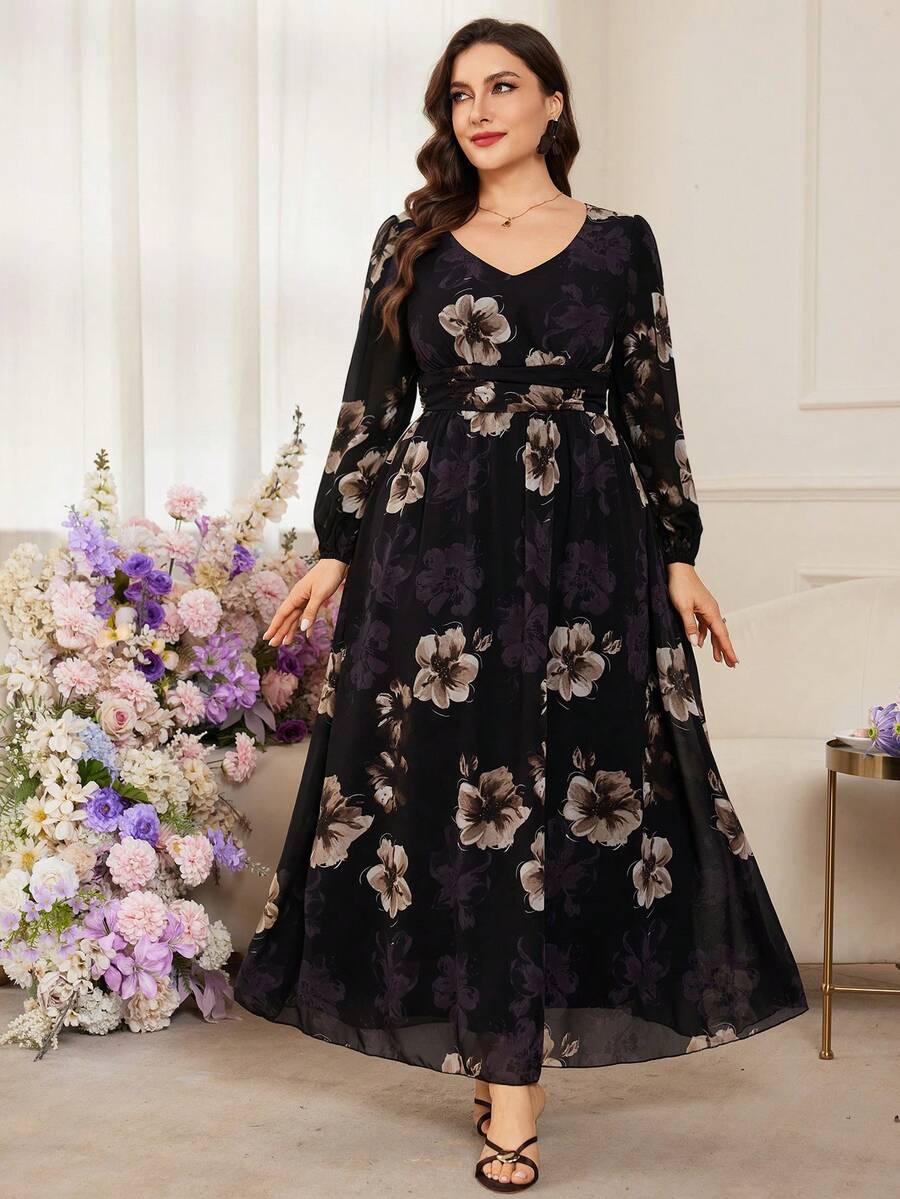 SHEIN Modelyn فستان للمقاسات الكبيرة من الشيفون مطبوع بزهور