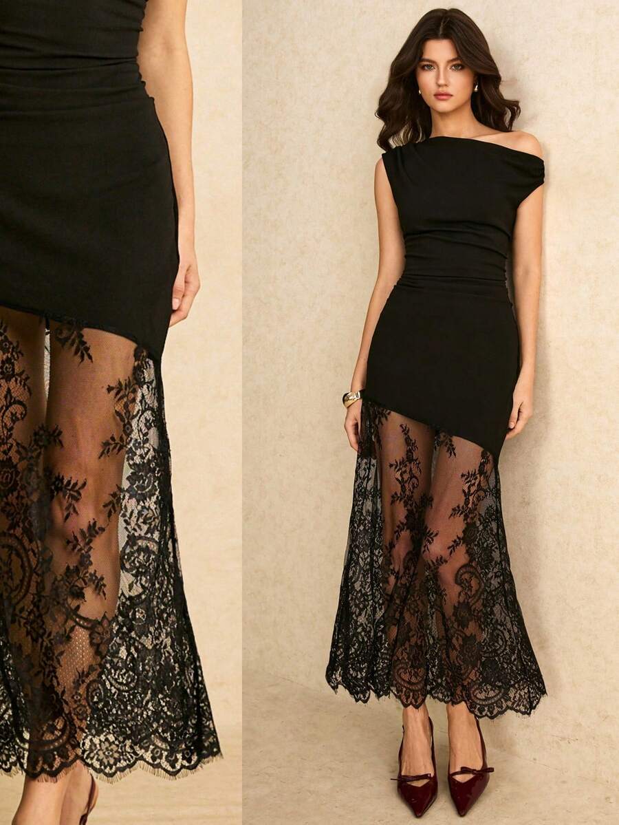 SHEIN Poéselle فستان أسود ضيق بدون أكمام بتصميم كتف غير متماثل