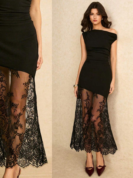 SHEIN Poéselle فستان أسود ضيق بدون أكمام بتصميم كتف غير متماثل