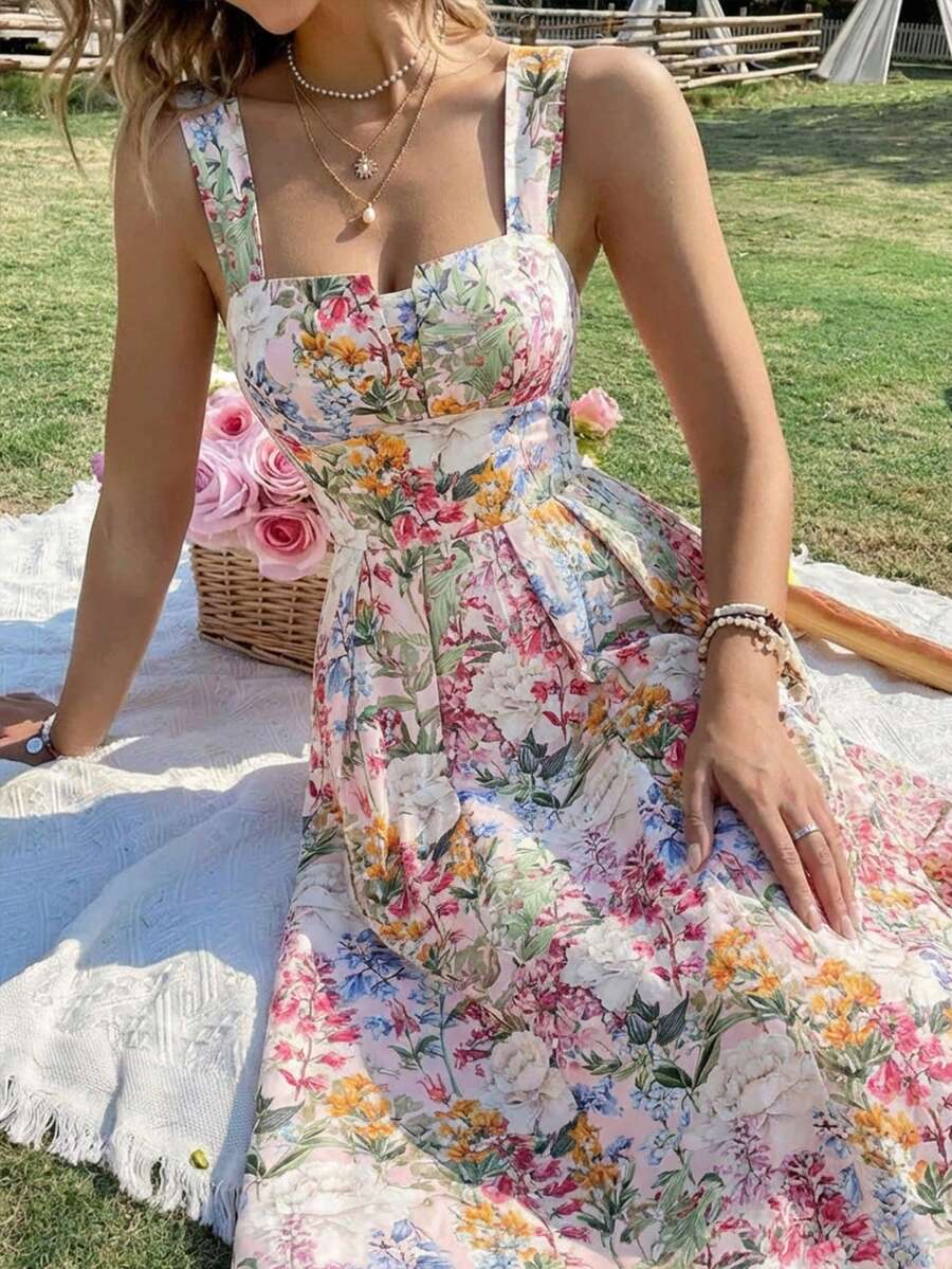 SHEIN MOD فستان أنيق بحزام خصر وطبعة زهور بأشرطة سميكة