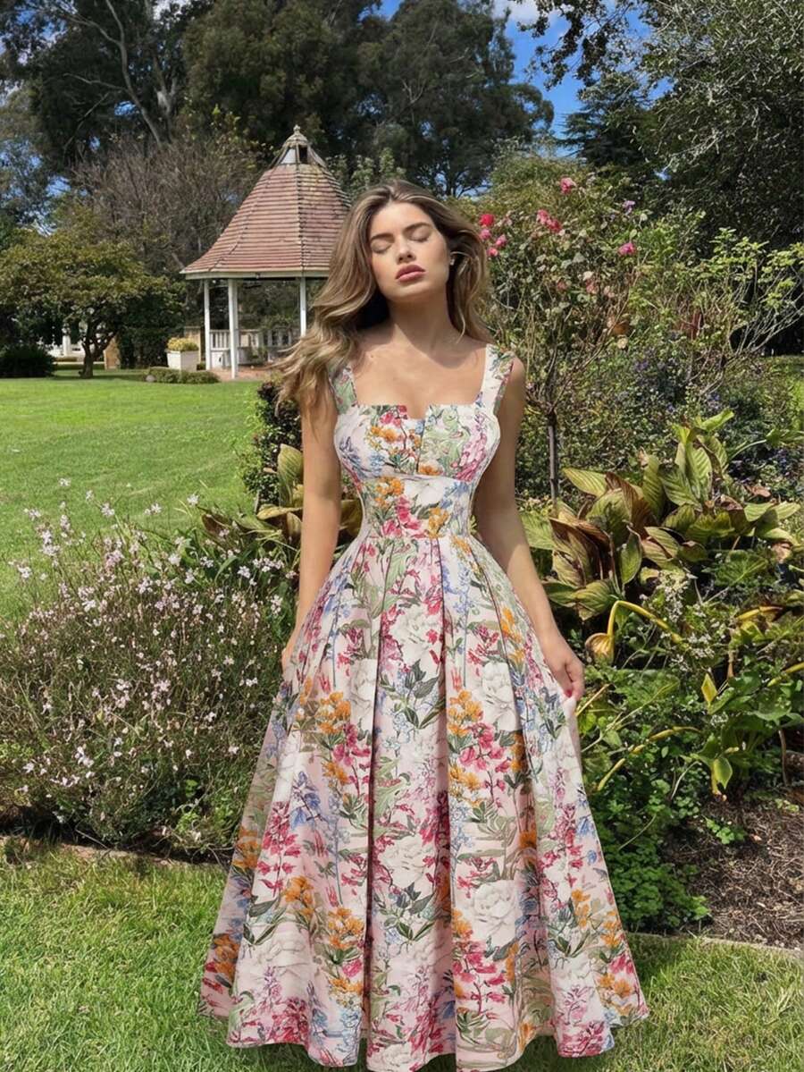 SHEIN MOD فستان أنيق بحزام خصر وطبعة زهور بأشرطة سميكة