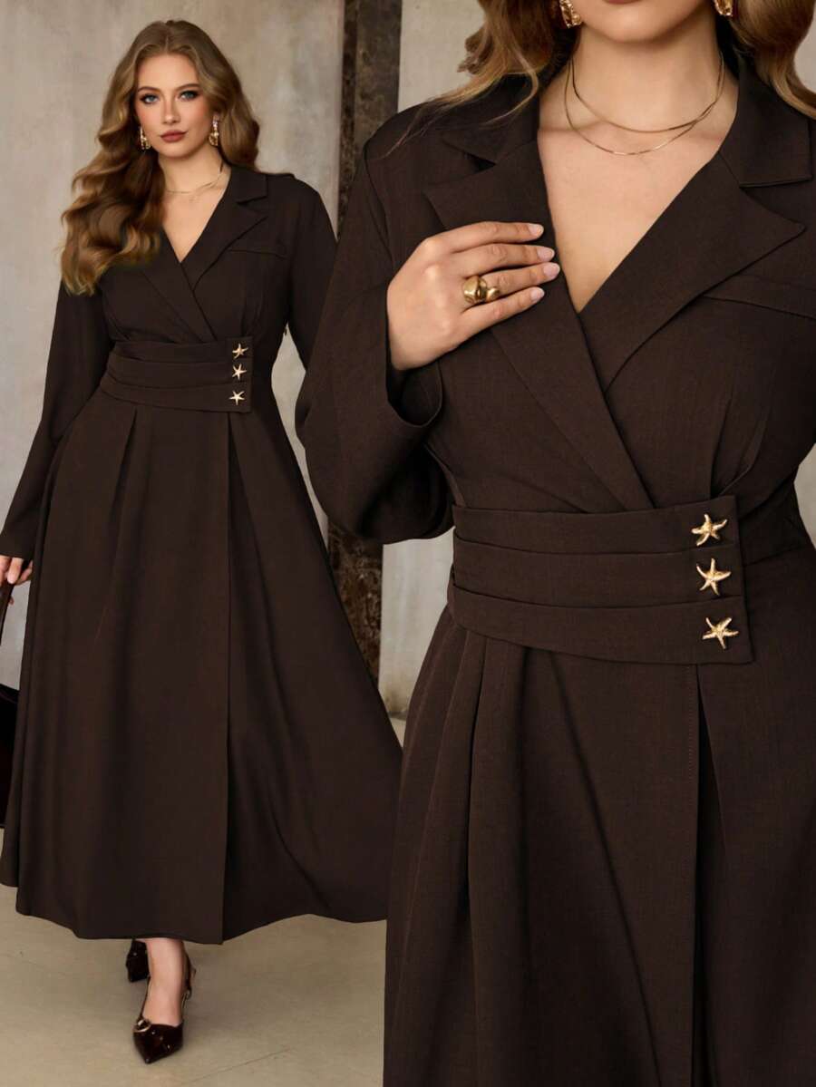SHEIN Roveilla فستان بني نجوم ذهبية للمقاسات الكبيرة بأكمام طويلة وياقة طية