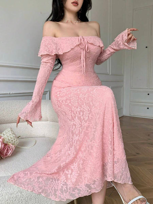 SHEIN Celisse فستان وردي أنيق بأكمام واسعة مكشكشة منسدلة عن الكتف