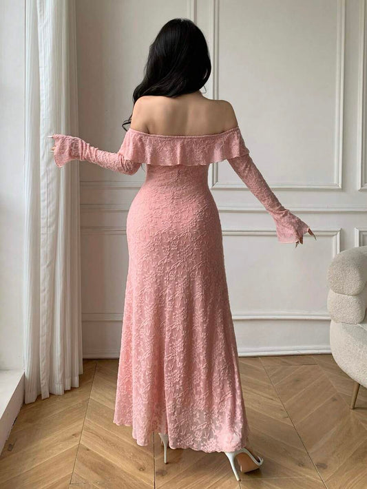 SHEIN Celisse فستان وردي أنيق بأكمام واسعة مكشكشة منسدلة عن الكتف
