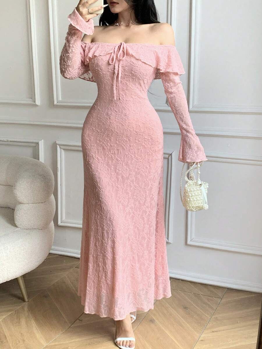 SHEIN Celisse فستان وردي أنيق بأكمام واسعة مكشكشة منسدلة عن الكتف