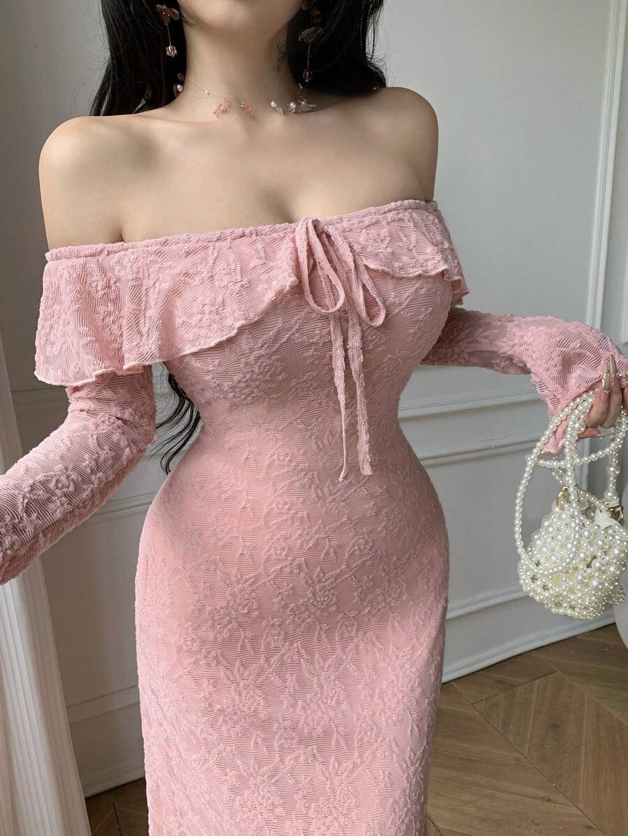 SHEIN Celisse فستان وردي أنيق بأكمام واسعة مكشكشة منسدلة عن الكتف