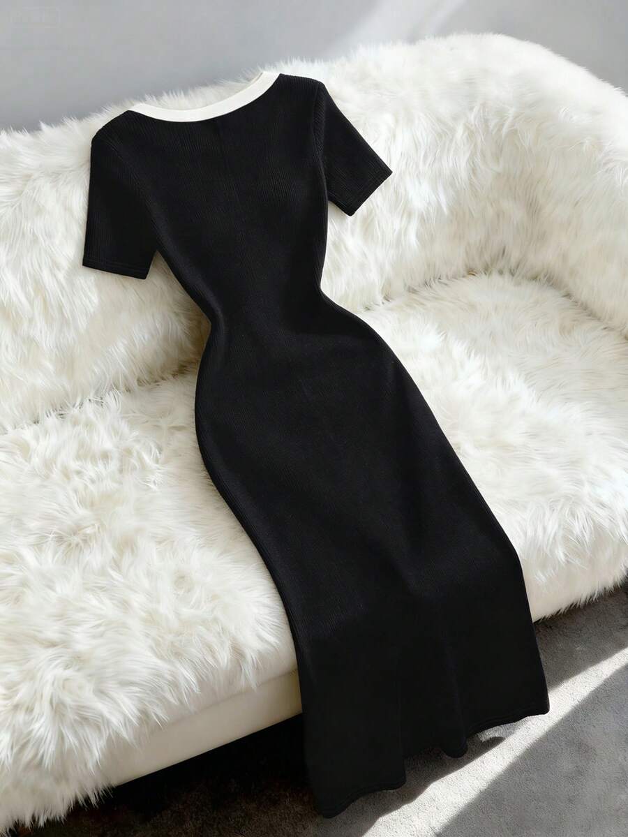 SHEIN Franclia فستان كاجوال مخطط بخطوط رأسية وأزرار أمامية بذيل مشقوق