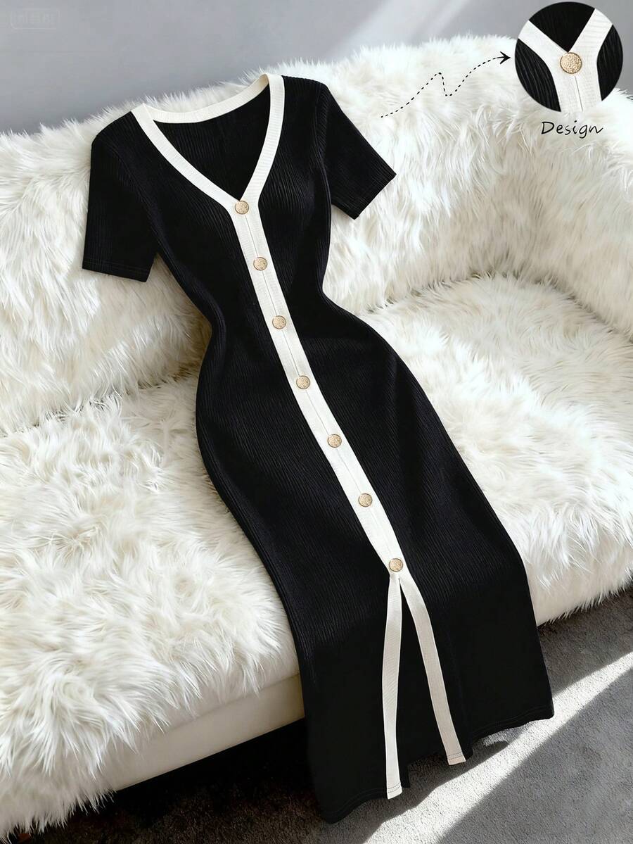SHEIN Franclia فستان كاجوال مخطط بخطوط رأسية وأزرار أمامية بذيل مشقوق