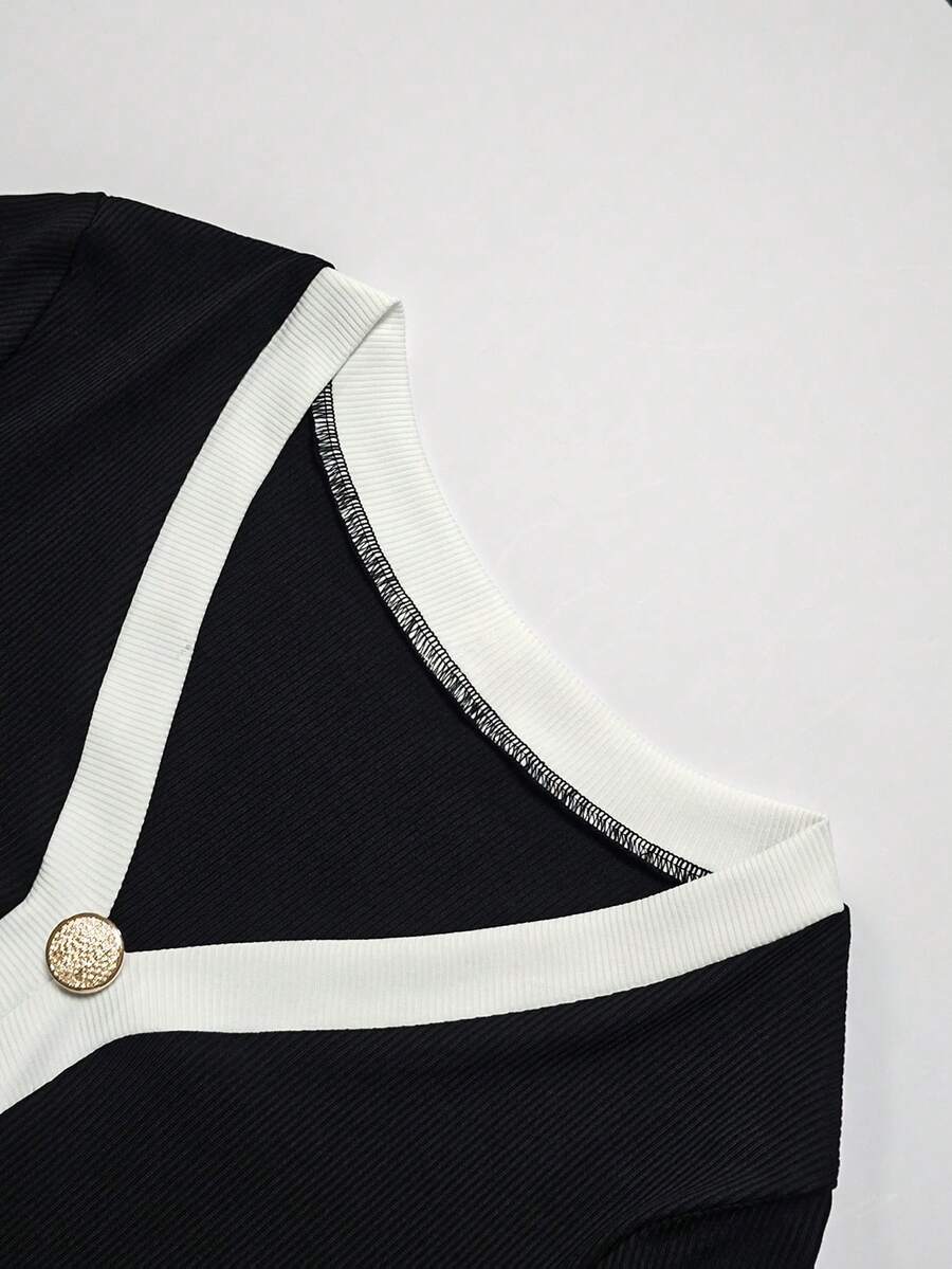 SHEIN Franclia فستان كاجوال مخطط بخطوط رأسية وأزرار أمامية بذيل مشقوق