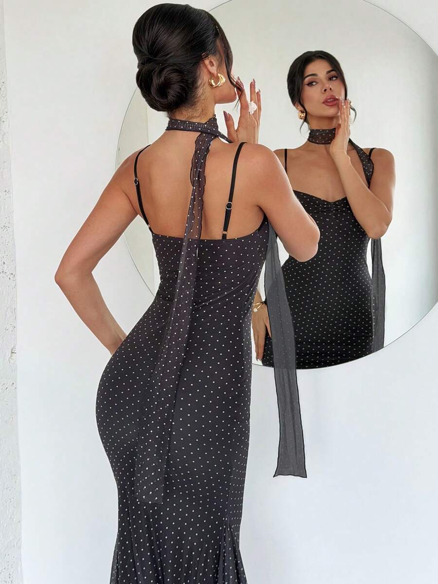 SHEIN Firerie فستان أسود بطبعة نقاط بولكا بحمالات سباغيتي وقصة ذيل سمكة