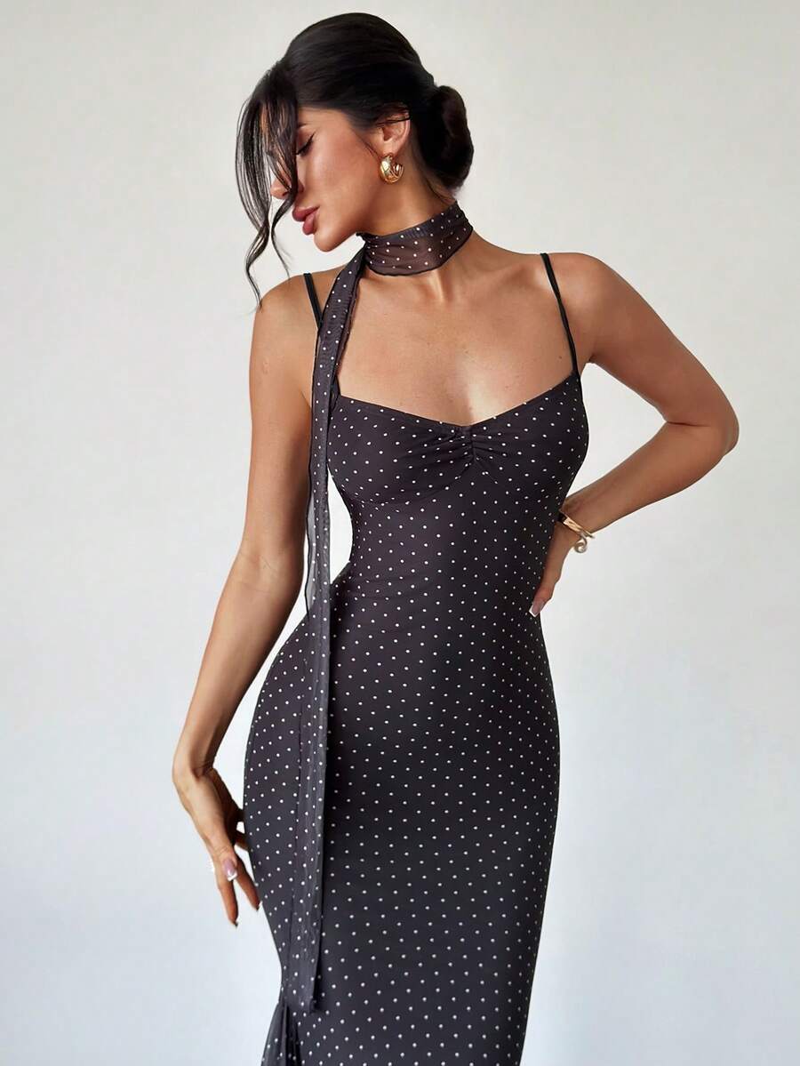SHEIN Firerie فستان أسود بطبعة نقاط بولكا بحمالات سباغيتي وقصة ذيل سمكة