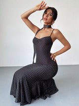 SHEIN Firerie فستان أسود بطبعة نقاط بولكا بحمالات سباغيتي وقصة ذيل سمكة