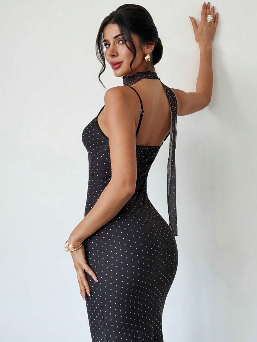 SHEIN Firerie فستان أسود بطبعة نقاط بولكا بحمالات سباغيتي وقصة ذيل سمكة