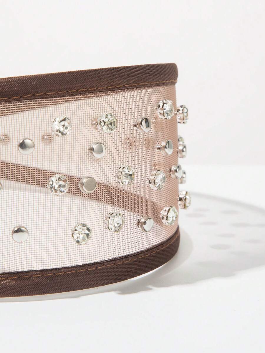 SHEIN شريط رأس عريض بنمط كوري شبكي مزين راين وزخارف معدنية