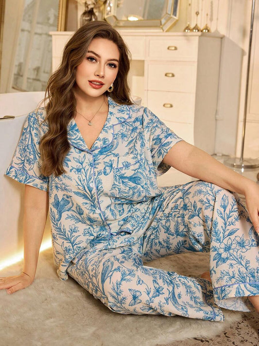 SHEIN MuseNap CURVE بيجامة نسائية للمقاسات الكبيرة بطبعة أزهار وطيور