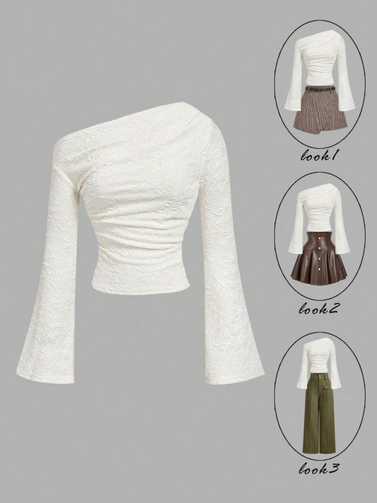 SHEIN MOD تي شيرت بكتف واحد بطبعة جاكار زهور بلون مشمشي