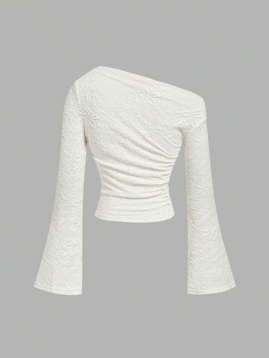 SHEIN MOD تي شيرت بكتف واحد بطبعة جاكار زهور بلون مشمشي
