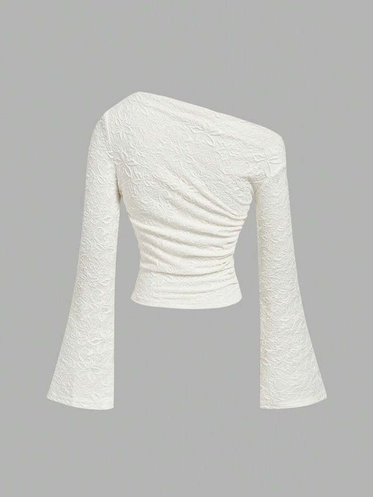 SHEIN MOD تي شيرت بكتف واحد بطبعة جاكار زهور بلون مشمشي