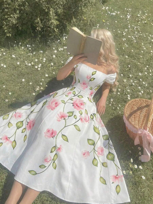 SHEIN Skyraze فستان أنيق بطبعة زهور وكتف مكشوف