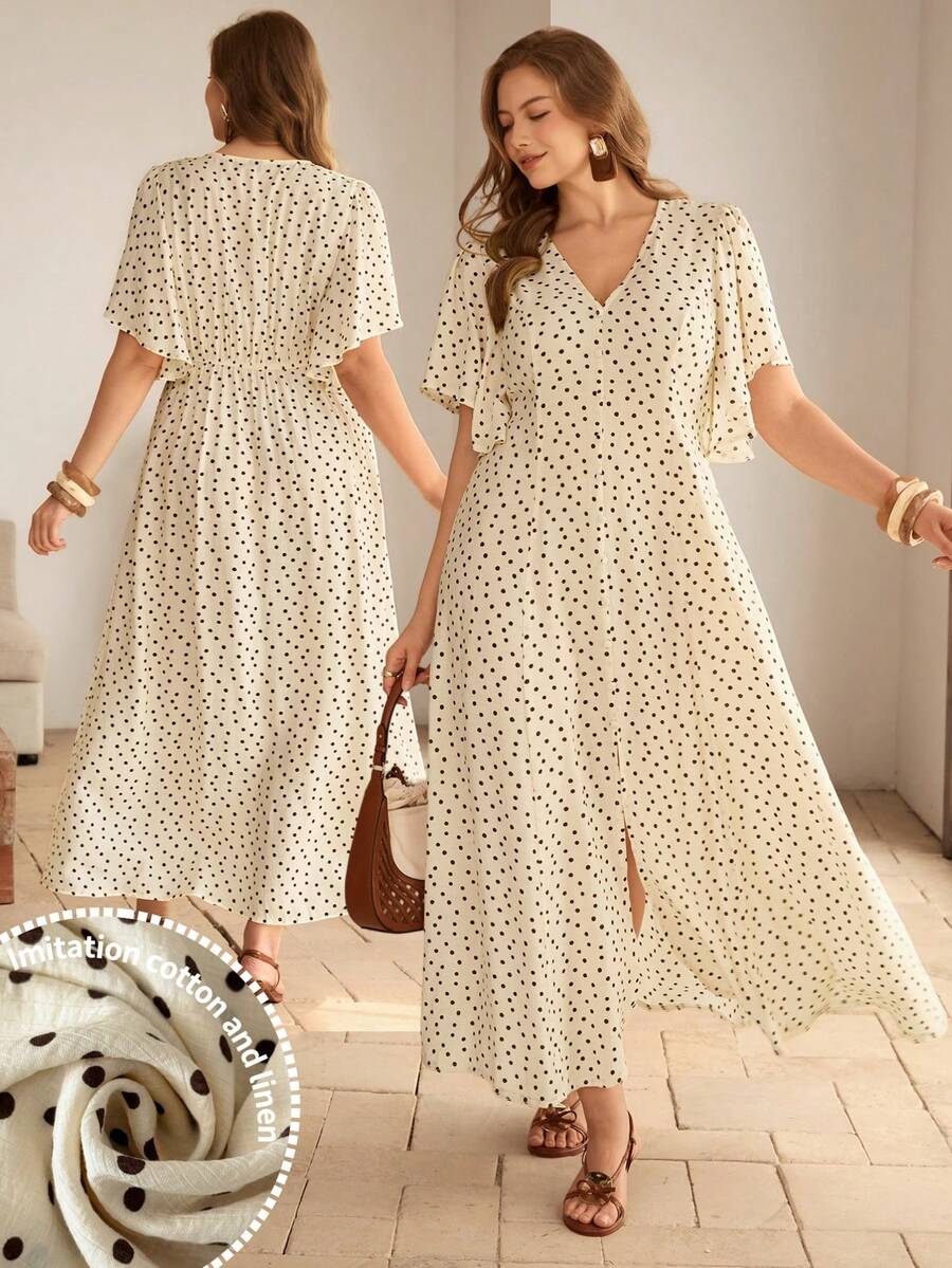 SHEIN Roveilla فستان للمقاسات الكبيرة بطبعة نقاط وخصر قابل للتعديل وأكمام منتفخة