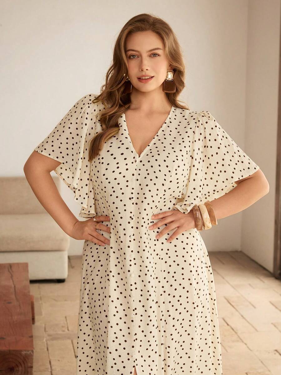 SHEIN Roveilla فستان للمقاسات الكبيرة بطبعة نقاط وخصر قابل للتعديل وأكمام منتفخة
