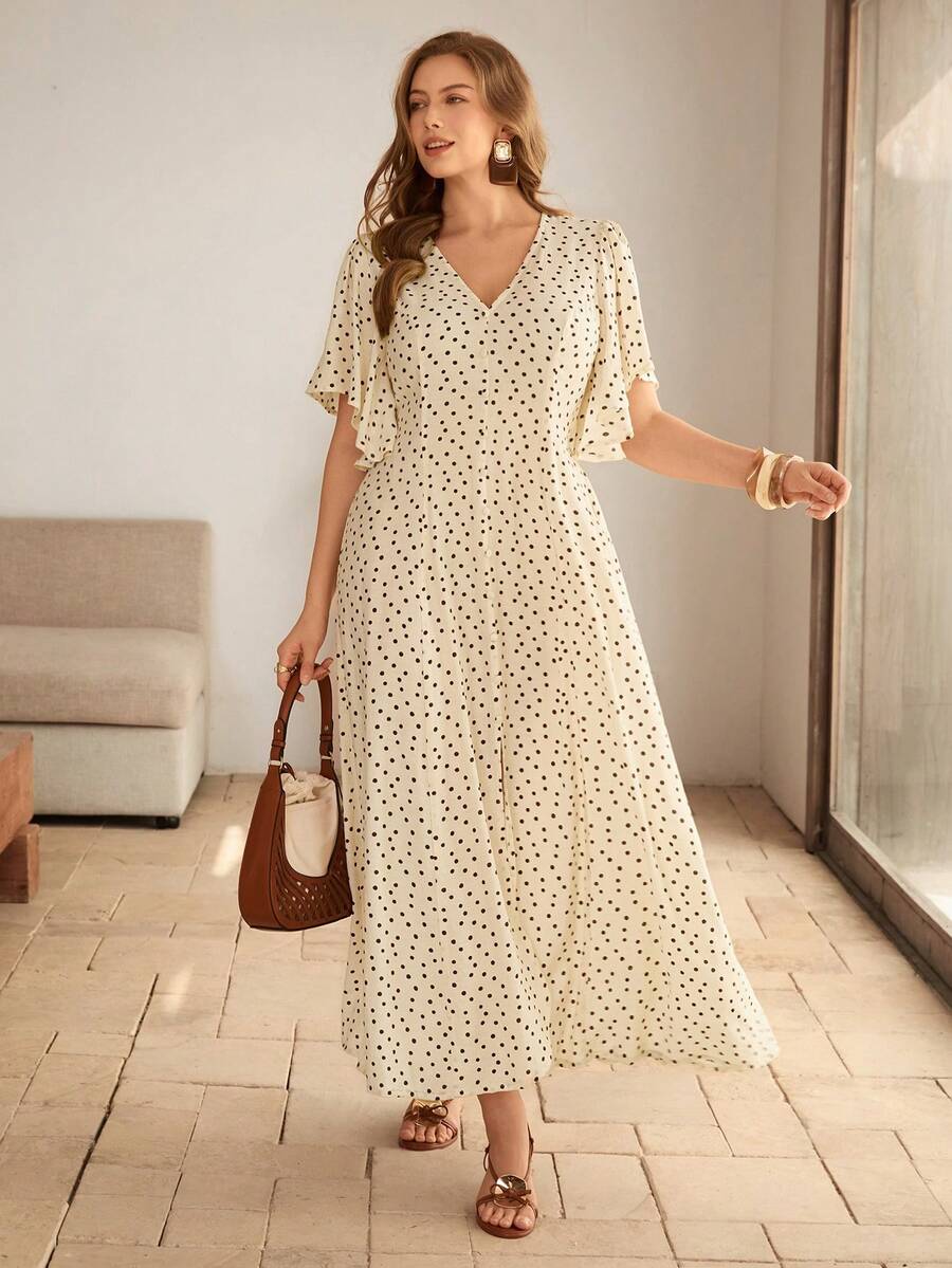 SHEIN Roveilla فستان للمقاسات الكبيرة بطبعة نقاط وخصر قابل للتعديل وأكمام منتفخة