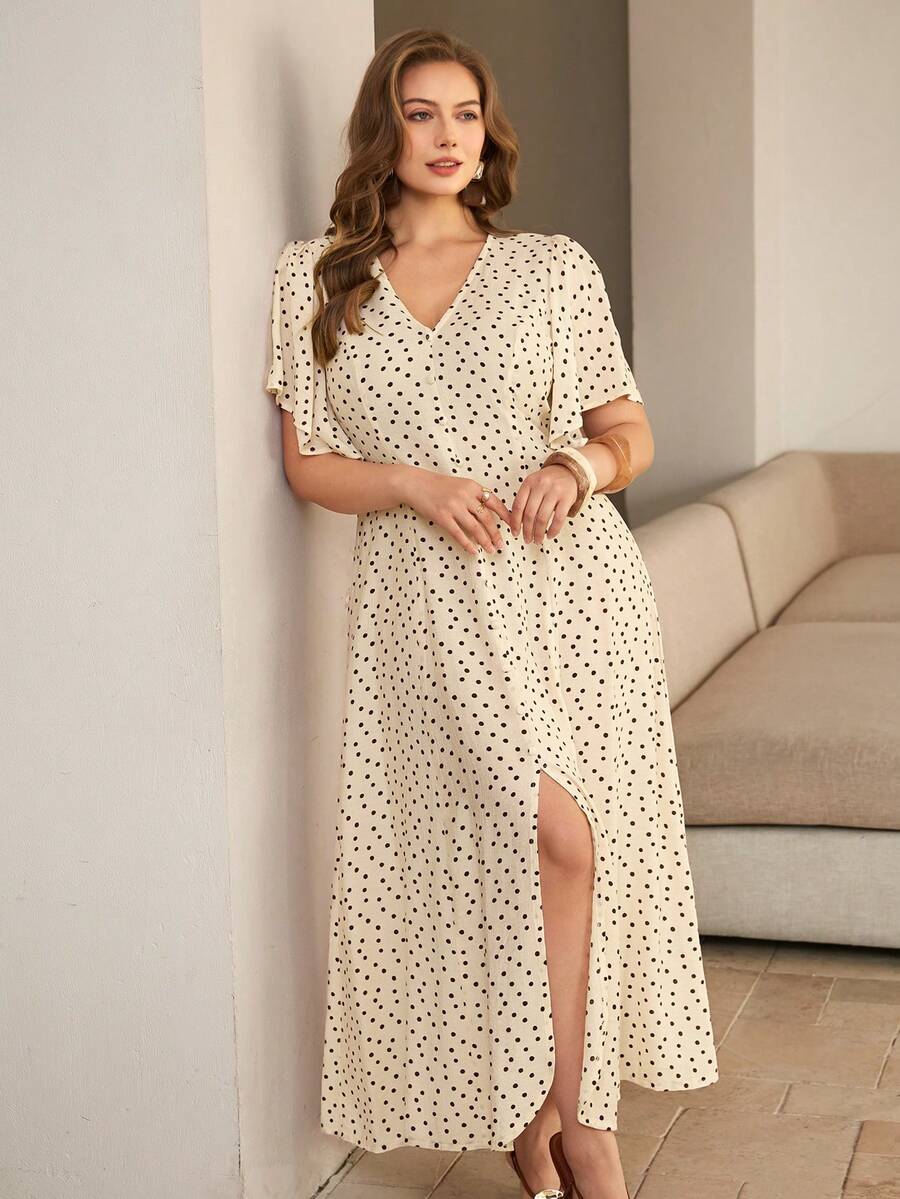 SHEIN Roveilla فستان للمقاسات الكبيرة بطبعة نقاط وخصر قابل للتعديل وأكمام منتفخة