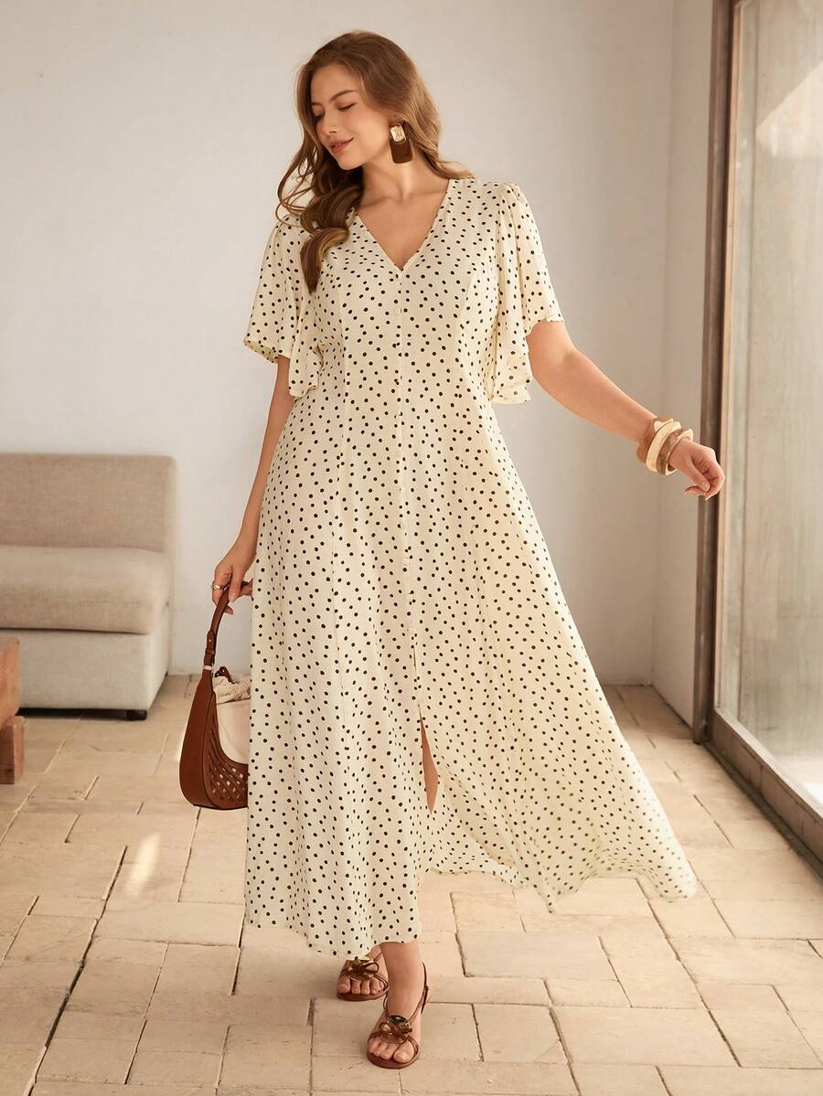 SHEIN Roveilla فستان للمقاسات الكبيرة بطبعة نقاط وخصر قابل للتعديل وأكمام منتفخة