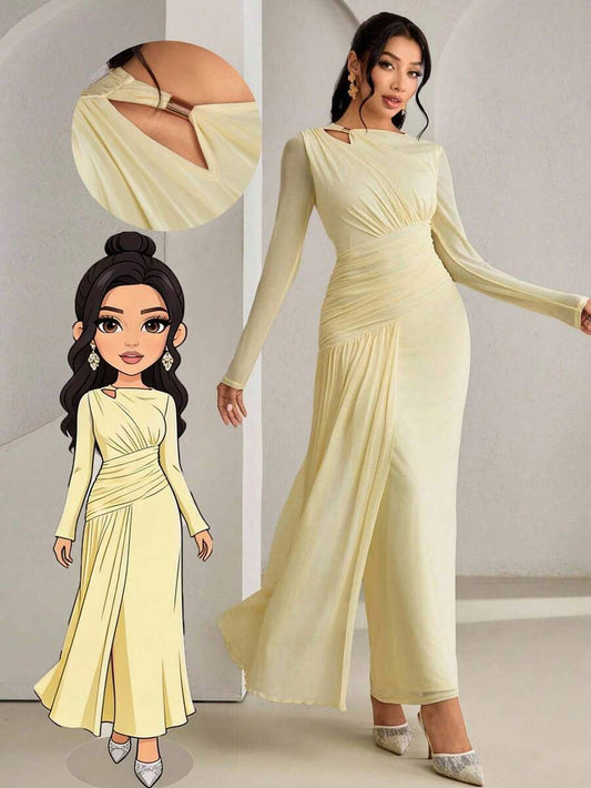 SHEIN فستان أنيق بخصر مربوط بلون أوزة صفراء