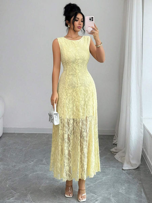 SHEIN Modelyn فستان أصفر بدون أكمام مزخرف بالزهور والدانتيل الفرنسي
