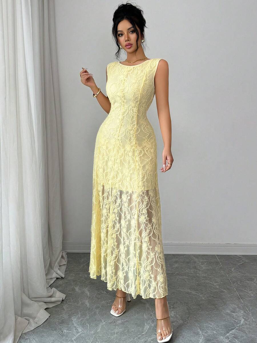 SHEIN Modelyn فستان أصفر بدون أكمام مزخرف بالزهور والدانتيل الفرنسي