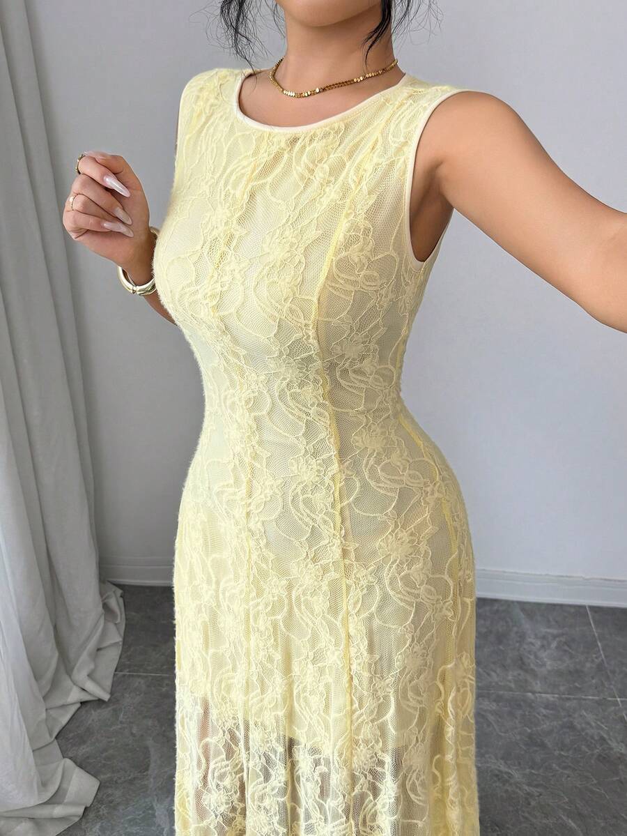 SHEIN Modelyn فستان أصفر بدون أكمام مزخرف بالزهور والدانتيل الفرنسي