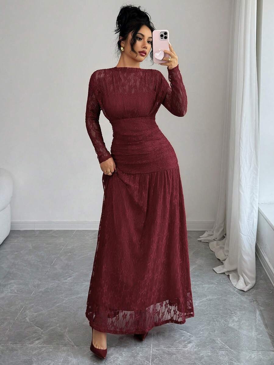 SHEIN Elenzga فستان عنابي ضيق مطرز بالدانتيل