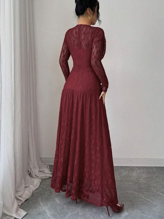 SHEIN Elenzga فستان عنابي ضيق مطرز بالدانتيل