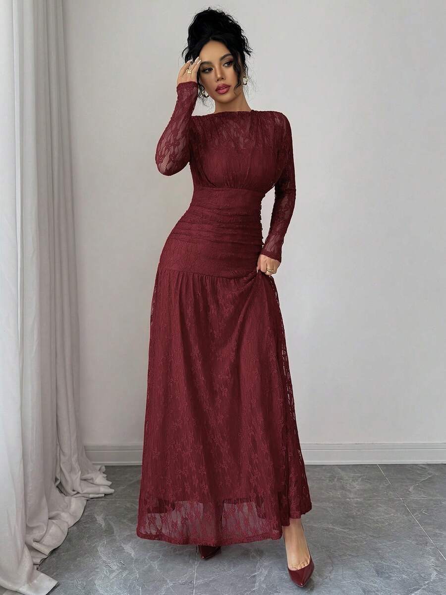 SHEIN Elenzga فستان عنابي ضيق مطرز بالدانتيل