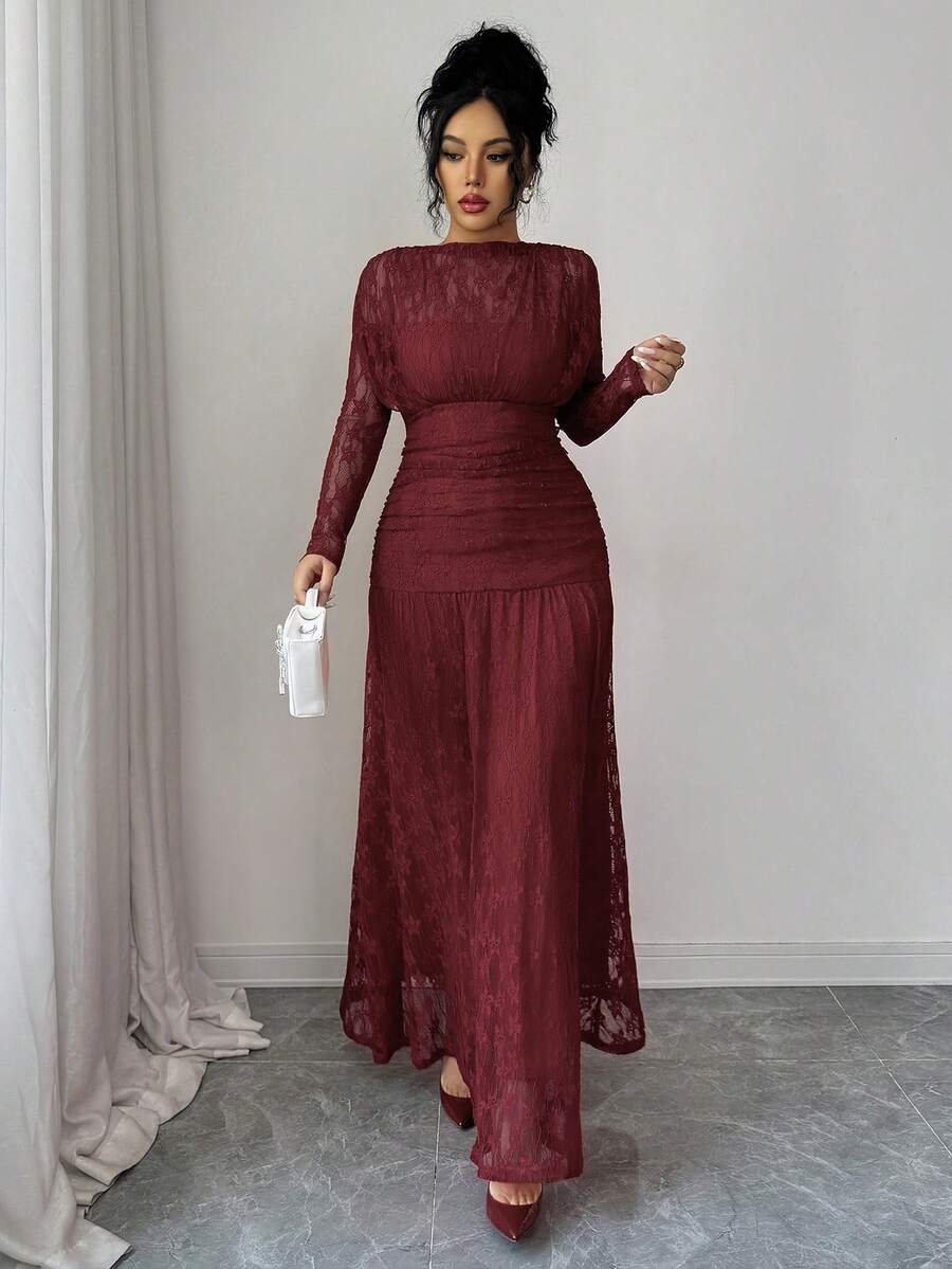 SHEIN Elenzga فستان عنابي ضيق مطرز بالدانتيل