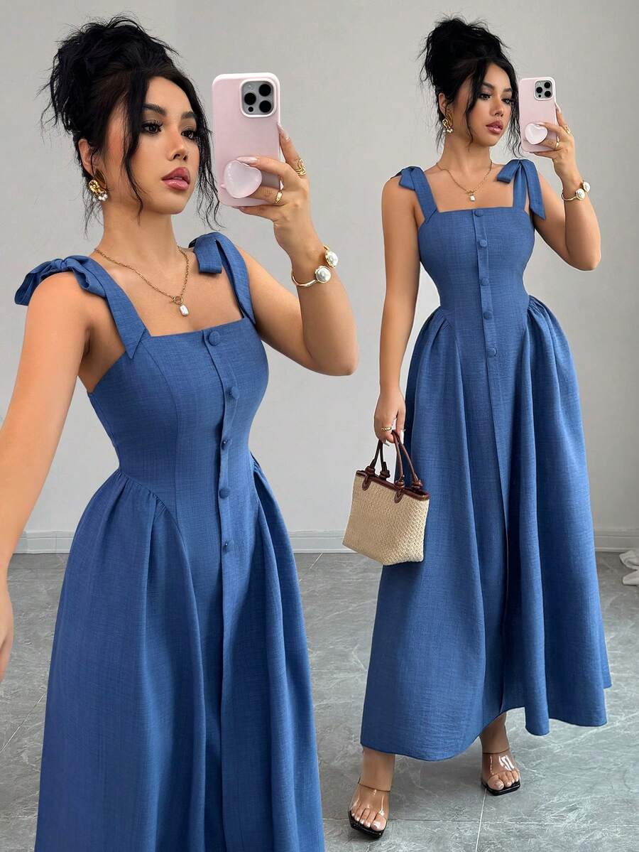 SHEIN Elenzya فستان أزرق طويل مريح بنسيج منسوج