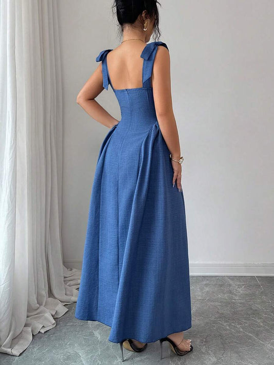 SHEIN Elenzya فستان أزرق طويل مريح بنسيج منسوج