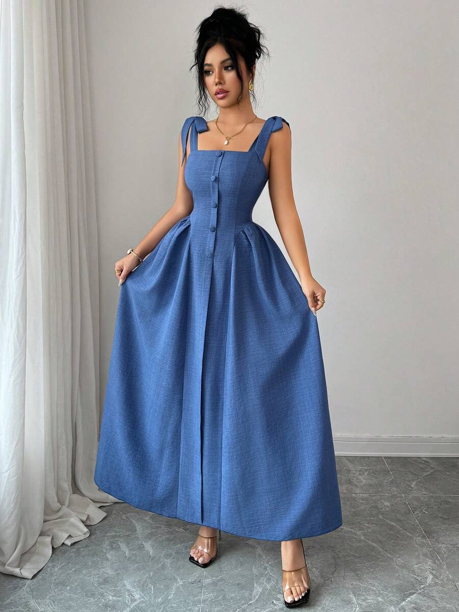 SHEIN Elenzya فستان أزرق طويل مريح بنسيج منسوج