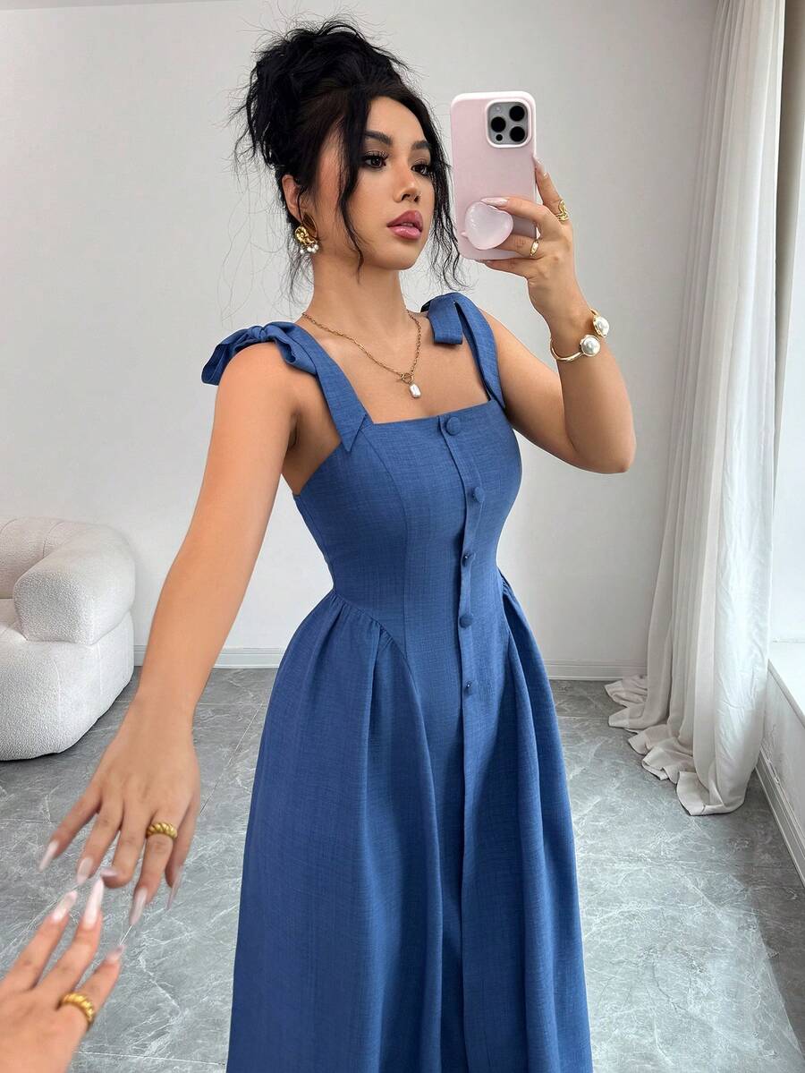 SHEIN Elenzya فستان أزرق طويل مريح بنسيج منسوج
