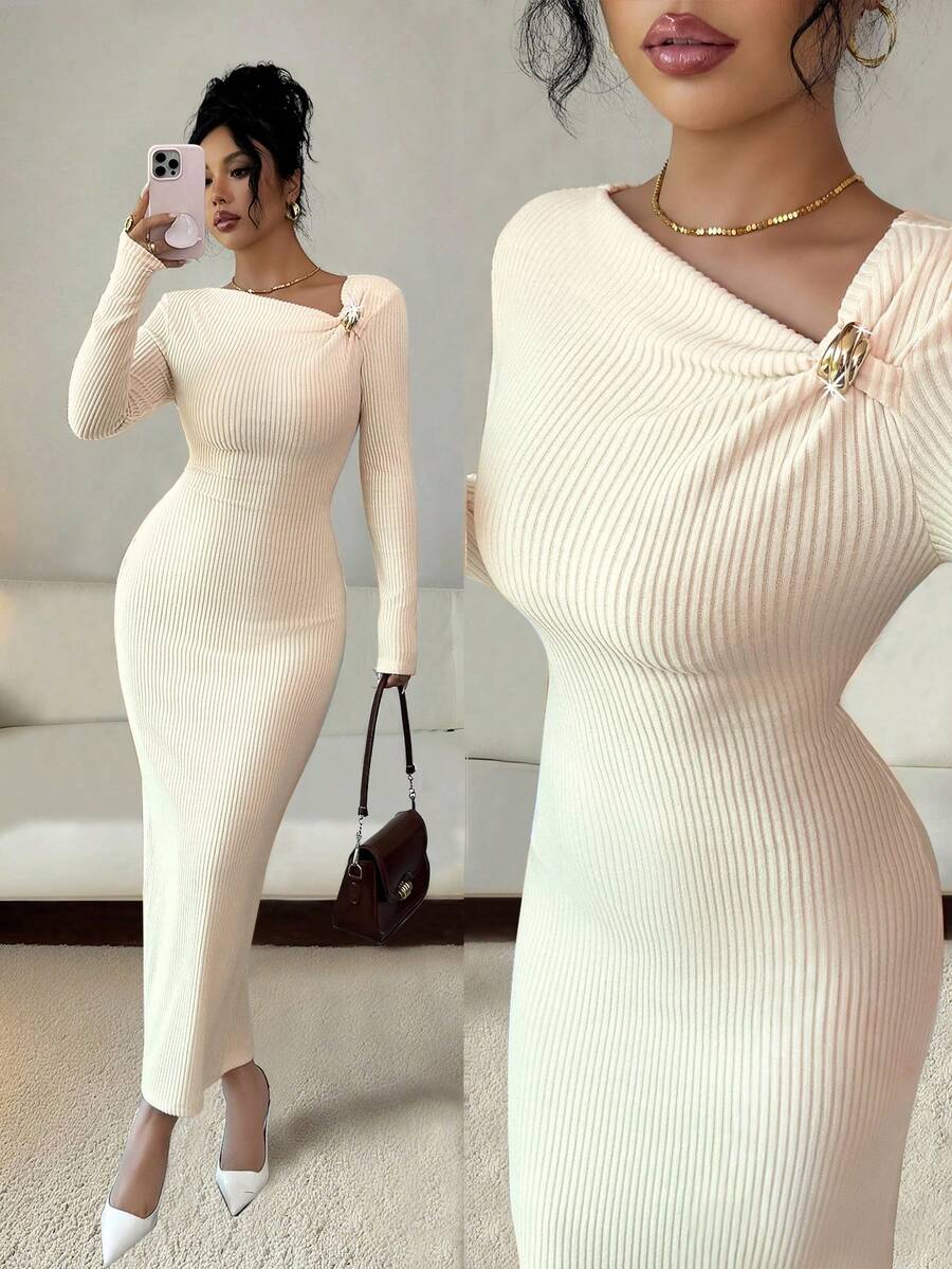 SHEIN Elenzga فستان مضلع بلون مشمشي بياقة غير متماثلة وأكمام طويلة