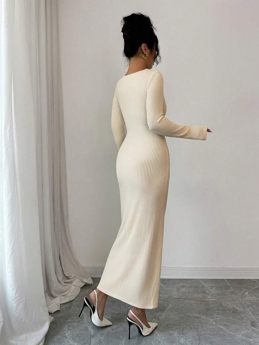 SHEIN Elenzga فستان مضلع بلون مشمشي بياقة غير متماثلة وأكمام طويلة