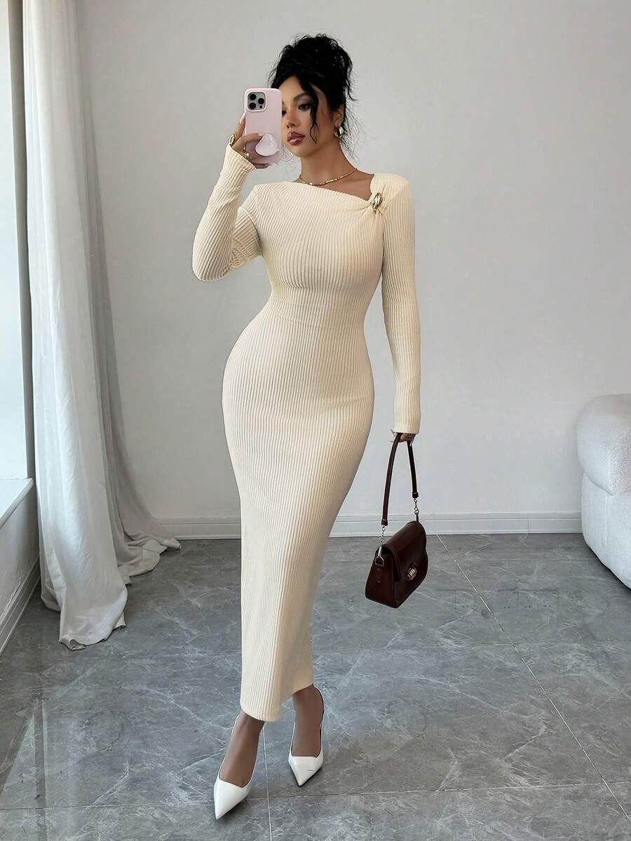 SHEIN Elenzga فستان مضلع بلون مشمشي بياقة غير متماثلة وأكمام طويلة